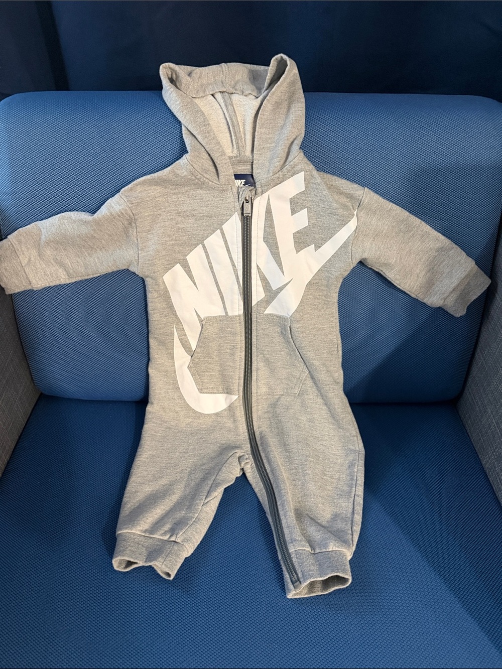 Nike Light Gray Hooded Baby Zip One-Piece with White Logo 6/9 months